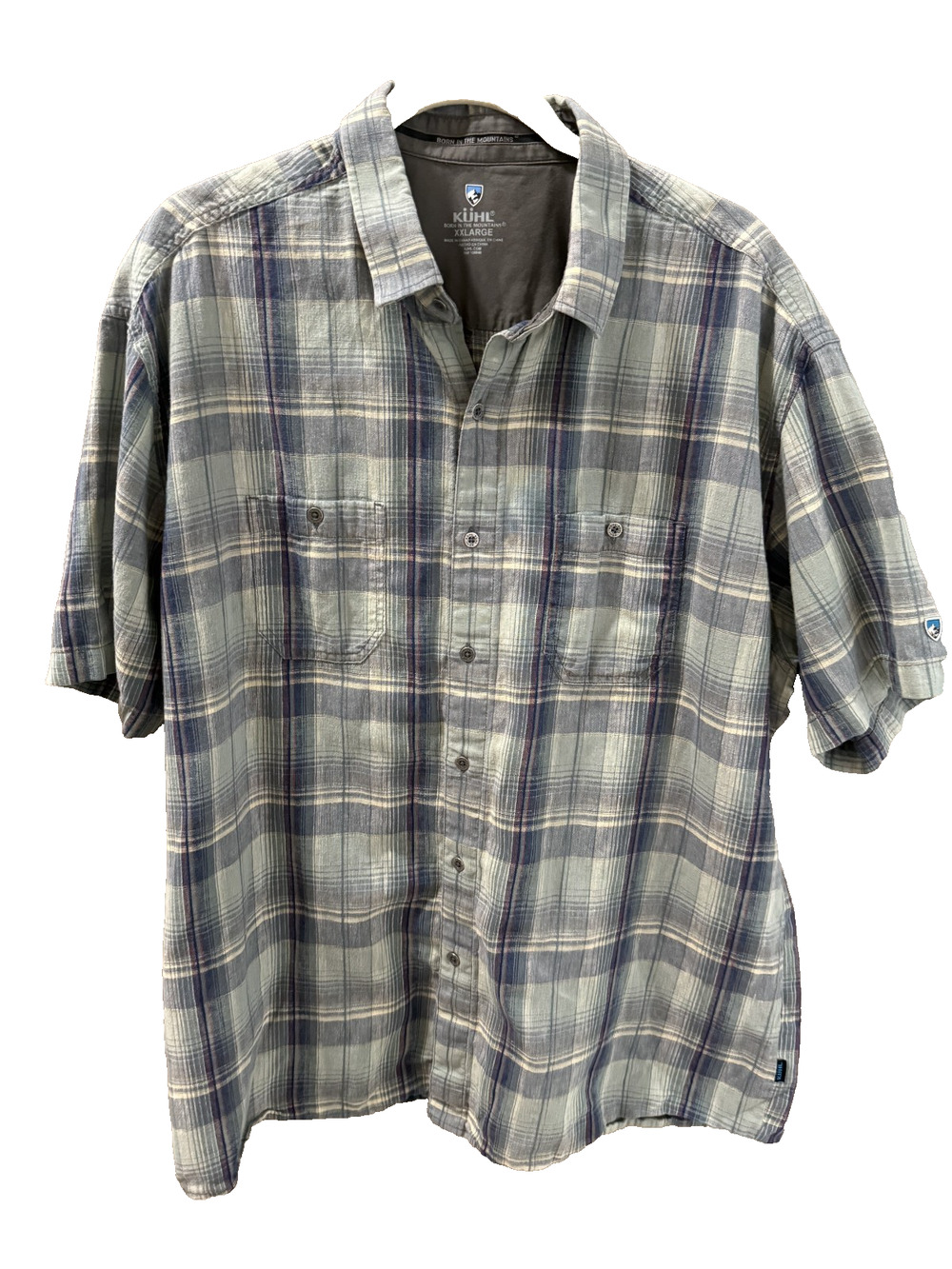 Kuhl Muted Blue Plaid Short Sleeve Camp Shirt SIze 2XL Linen/Cotton Blend Hiking